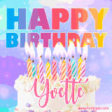 A vibrant animated name GIF with the words 'Happy Birthday Yvette' with colorful candles on a creamy cake. The background sparkles with pastel shades, adding a festive touch.