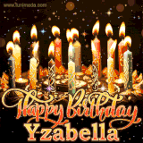 A glowing personalized birthday GIF with name Yzabella featuring lit candles with intricate designs, warm lighting, and the text 'Happy Birthday' in an elegant font.