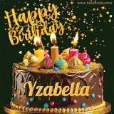 A delightful chocolate birthday cake with bright candles and 'Happy Birthday Yzabella' written in gold amidst a shower of animated stars.