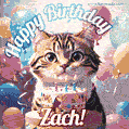 Happy birthday gif for Zach with cat and cake