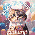 Happy birthday gif for Zackary with cat and cake
