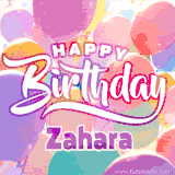 A vibrant name GIF featuring colorful balloons in shades of pink, orange, and yellow with the bold text 'Happy Birthday Zahara' in festive fonts, creating a lively birthday vibe.