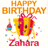 A vibrant and funny gift box character with a happy face dancing with a cupcake and the text 'Happy Birthday Zahara,' surrounded by animated confetti and party vibes.
