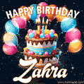 Hand-drawn happy birthday cake adorned with an arch of colorful balloons - name GIF for Zahra