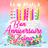 A white birthday cake covered in colorful sprinkles, topped with bright candles, and French text 'Bon Anniversaire Zaina' on a pastel gradient background in an animated GIF.