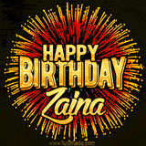 Golden 'Happy Birthday Zaina' text accompanied by animated rainbow fireworks for a festive animated greeting.