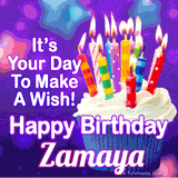 A colorful birthday GIF for Zamaya featuring a cupcake with vibrant lit candles and the text 'It's Your Day to Make a Wish! Happy Birthday Zamaya' in bold letters on a festive purple background.