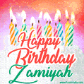 Happy Birthday GIF for Zamiyah with Birthday Cake and Lit Candles