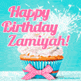 Happy Birthday Zamiyah! Elegang Sparkling Cupcake GIF Image.