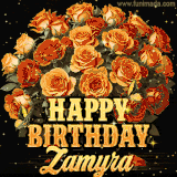 Animated bouquet of orange roses with moving butterfles and golden 'Happy Birthday Zamyra' text, surrounded by sparkling accents and a dark backdrop for a luxurious feel.