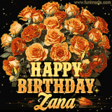 Animated bouquet of orange roses with moving butterfles and golden 'Happy Birthday Zana' text, surrounded by sparkling accents and a dark backdrop for a luxurious feel.