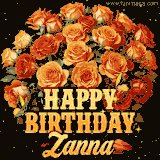 Animated bouquet of orange roses with moving butterfles and golden 'Happy Birthday Zanna' text, surrounded by sparkling accents and a dark backdrop for a luxurious feel.