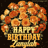 Animated bouquet of orange roses with moving butterfles and golden 'Happy Birthday Zanylah' text, surrounded by sparkling accents and a dark backdrop for a luxurious feel.