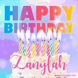 A vibrant animated name GIF with the words 'Happy Birthday Zanylah' with colorful candles on a creamy cake. The background sparkles with pastel shades, adding a festive touch.