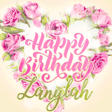 A stunning heart made of pink roses surrounds the elegant script text 'Happy Birthday Zanylah' on a soft beige background. Animated sparkles add a magical and festive feel.