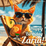An animated orange cat wearing sunglasses, sitting on a beach chair with a tropical drink, with a festive 'Happy Birthday Zaria!' message.