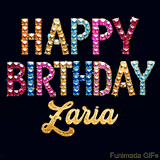 Vibrant luxury birthday greeting card for Zaria, showing glittering gemstone letters and golden calligraphy on a dark background with twinkling shine effects.