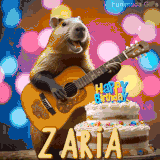 Animated birthday GIF showing a capybara playing guitar and singing beside a birthday cake with the name Zaria in large letters and colorful bokeh lights in the background.