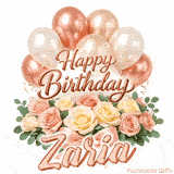 Beautifully animated Happy Birthday Zaria e-card with rose gold decorations
