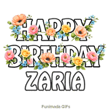 Animated floral Happy Birthday Zaria digital greeting card on a white background