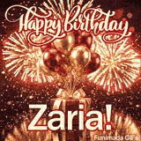 Shiny metallic balloons in gold and red floating above a red gift box with Zarias name in bold lettering at the bottom.