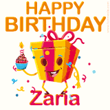 A vibrant and funny gift box character with a happy face dancing with a cupcake and the text 'Happy Birthday Zaria,' surrounded by animated confetti and party vibes.