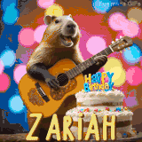 Animated birthday GIF showing a capybara playing guitar and singing beside a birthday cake with the name Zariah in large letters and colorful bokeh lights in the background.