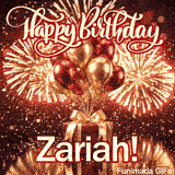 An animated birthday card featuring a red present under a sky filled with exploding gold fireworks, personalized for Zariah.