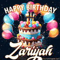 Hand-drawn happy birthday cake adorned with an arch of colorful balloons - name GIF for Zariyah