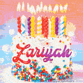 Personalized for Zariyah elegant birthday cake adorned with rainbow sprinkles, colorful candles and glitter