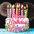 Amazing Animated GIF Image for Zayan with Birthday Cake and Fireworks