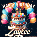 Hand-drawn happy birthday cake adorned with an arch of colorful balloons - name GIF for Zaylee
