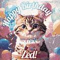 Happy birthday gif for Zed with cat and cake