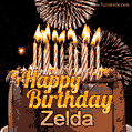 A glowing personalized birthday GIF with name Zelda featuring lit candles with intricate designs, warm lighting, and the text 'Happy Birthday' in an elegant font.