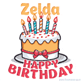 Cartoon birthday cake with a red bow, glowing candles, and 'Zelda Happy Birthday' text in bold animated style.