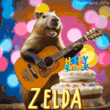 Animated birthday GIF showing a capybara playing guitar and singing beside a birthday cake with the name Zelda in large letters and colorful bokeh lights in the background.