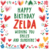 A colorful animated card for Zelda’s birthday featuring playful hearts, cheerful flowers, and a handwritten message wishing smiles and sunshine.