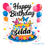 An animated birthday card for Zelda. It features a festive cake with her name, 'Zelda', and colorful butterflies. Floating balloons and hearts complete the joyful scene.