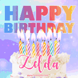 A vibrant animated name GIF with the words 'Happy Birthday Zelda' with colorful candles on a creamy cake. The background sparkles with pastel shades, adding a festive touch.