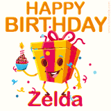 A vibrant and funny gift box character with a happy face dancing with a cupcake and the text 'Happy Birthday Zelda,' surrounded by animated confetti and party vibes.