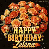Animated bouquet of orange roses with moving butterfles and golden 'Happy Birthday Zelena' text, surrounded by sparkling accents and a dark backdrop for a luxurious feel.