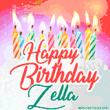 Bright birthday candles with rainbow flames on a cake, alongside the text 'Happy Birthday Zella' in vibrant script in this celebratory animated GIF.