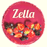 Beautifully decorated red velvet berry birthday cake with vibrant fruits and a glowing 'Zella' name, adding a touch of sweetness and sparkle.