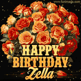 Animated bouquet of orange roses with moving butterfles and golden 'Happy Birthday Zella' text, surrounded by sparkling accents and a dark backdrop for a luxurious feel.