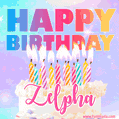 Animated Happy Birthday Cake with Name Zelpha and Burning Candles