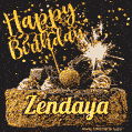 Celebrate Zendaya's birthday with a GIF featuring chocolate cake, a lit sparkler, and golden stars