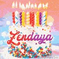 Personalized for Zendaya elegant birthday cake adorned with rainbow sprinkles, colorful candles and glitter