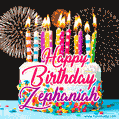 Amazing Animated GIF Image for Zephaniah with Birthday Cake and Fireworks