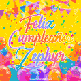 A bright and festive GIF with the text 'Feliz Cumpleaños Zephyr' in Spanish in colorful fonts, surrounded by confetti, balloons, and festive banners on a vibrant yellow background.