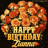 Animated bouquet of orange roses with moving butterfles and golden 'Happy Birthday Zianna' text, surrounded by sparkling accents and a dark backdrop for a luxurious feel.